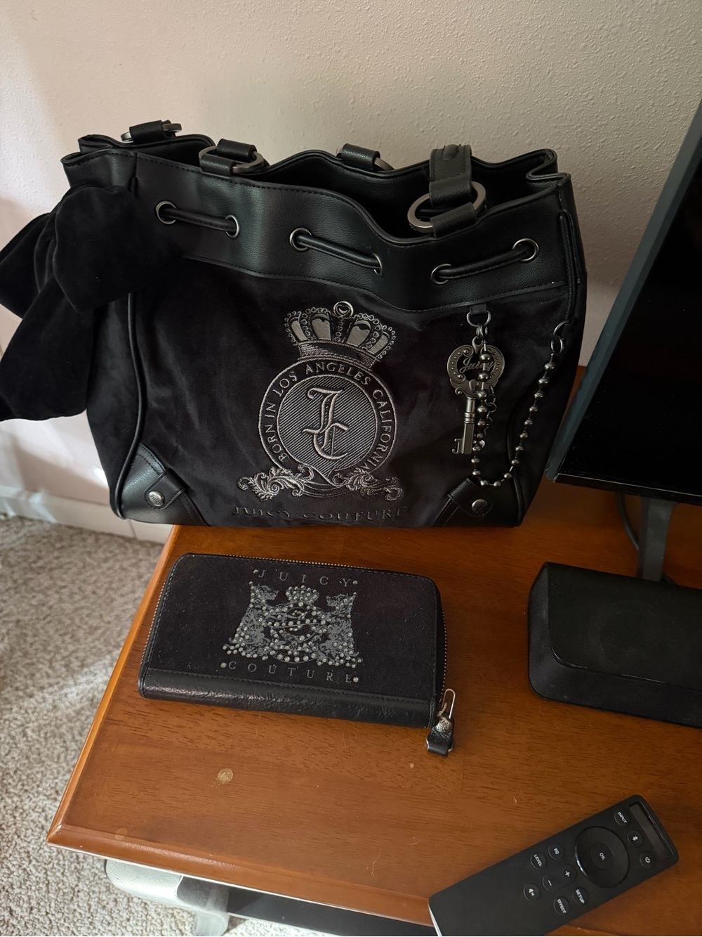 Juicy Couture Black Suede & Leather Shoulder Bag with Crest Charm